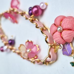 One-of-a-Kind Kimono Blossom Bag Charm – Handmade Japanese Fabric Accessory with Floral and Pearl Accents