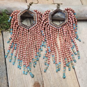 Beaded Hexagon Fringe Earrings with Turquoise Accents