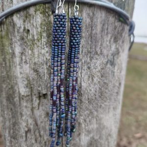 Iridescent Blue Seed Bead Fringe Earrings