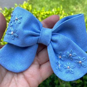 Hand Embroidered Linen Hair Bow – Floral Handmade Hair Accessory | Made in Canada