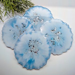 Handcrafted Light Blue, White & Silver Geo Coasters - Unique & Shimmering Design (Set of 4)