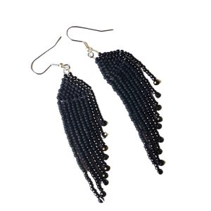 Raven Wing Fringe Earrings: Black Seed Beads, Spinel, Hematite – Tribal Jewelry