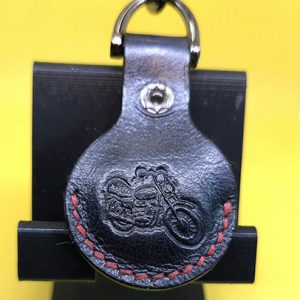 Apple AirTag Holder with Debossed Motorcycle and Red Stitching Handcrafted from Premium Quality Veg-Tanned Leather