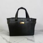 Structured Black Faux Leather Bag, Gold Floral Accent, Press Lock Hardware