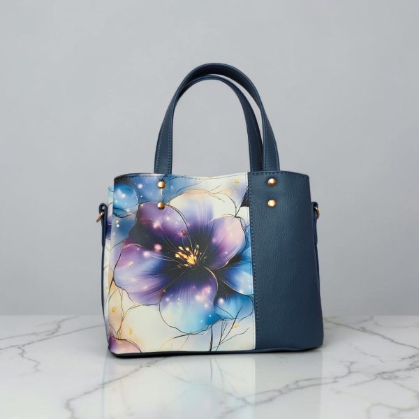Blueberry Floral Faux Leather Handbag, Rose Gold Hardware, Zippered Compartment