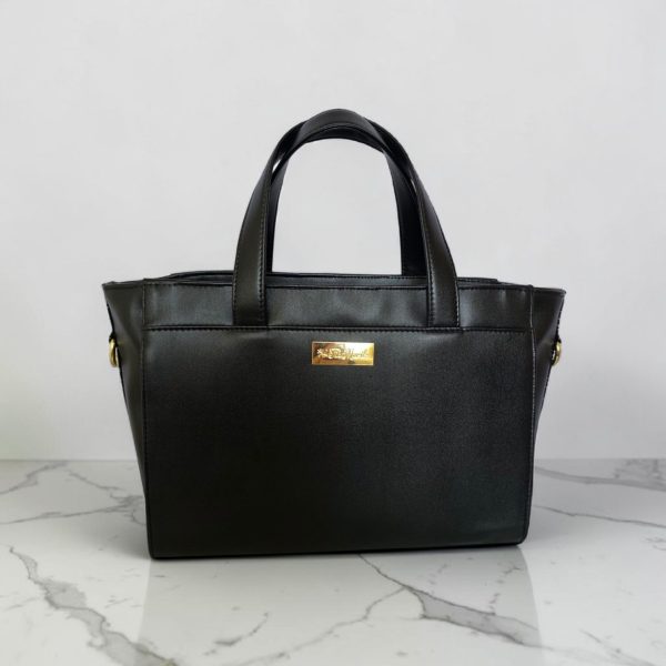 Structured Black Faux Leather Bag, Gold Floral Accent, Press Lock Hardware
