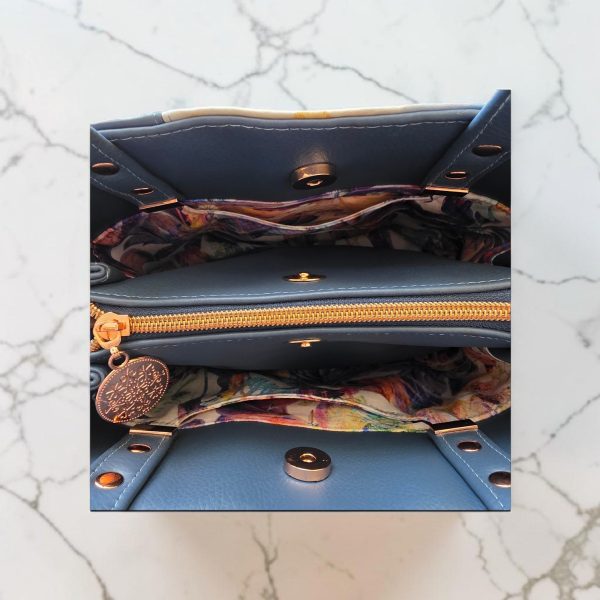 Blueberry Floral Faux Leather Handbag, Rose Gold Hardware, Zippered Compartment