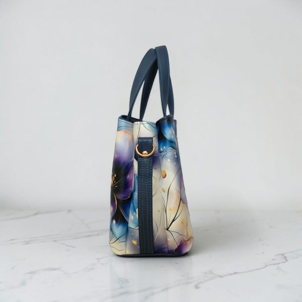Blueberry Floral Faux Leather Handbag, Rose Gold Hardware, Zippered Compartment