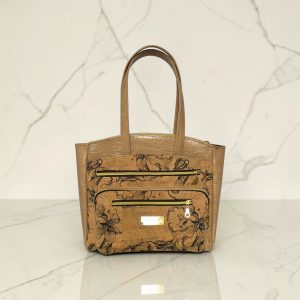 Black Floral Cork Tote Bag, Beige Vinyl Accents, Gold Hardware, Work Travel Bag