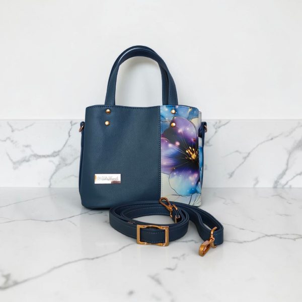 Blueberry Floral Faux Leather Handbag, Rose Gold Hardware, Zippered Compartment