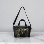 Structured Black Faux Leather Bag, Gold Floral Accent, Press Lock Hardware
