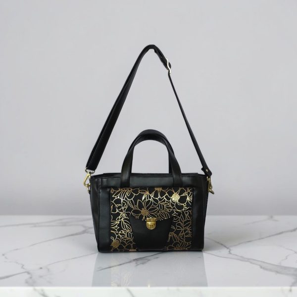 Structured Black Faux Leather Bag, Gold Floral Accent, Press Lock Hardware