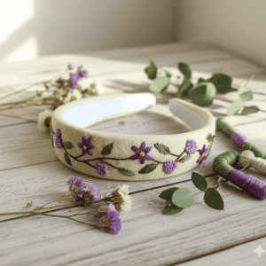 Hand Embroidered Linen Headband – Floral Handmade Hair Accessory – Autumn Fall Style – Free Shipping Canada