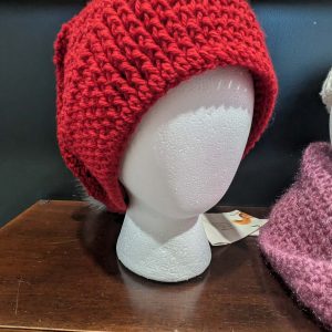 Slouchy Beanie in red with grey pompom