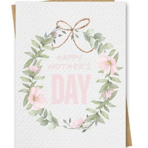 A Mother's day card portraying a beautiful watercolour floral wreath in shades of green and pink