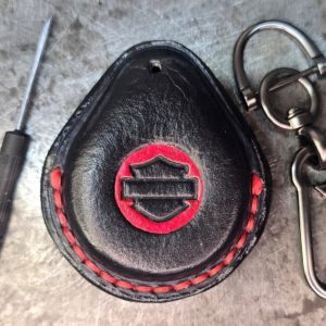 Black Premium Leather Harley Davidson Key Fob Case with red logo and stitching