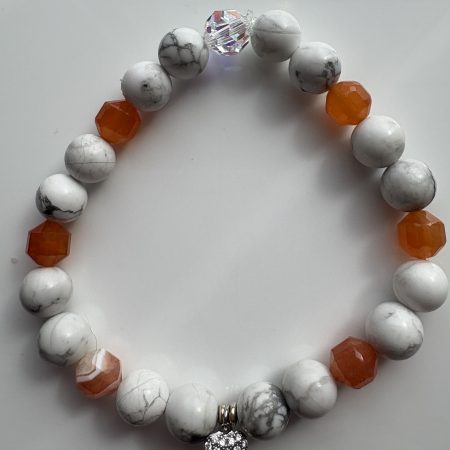 Howlite & Faceted Carnelian Stretch Bracelet — Sterling Silver Heart with Zircon