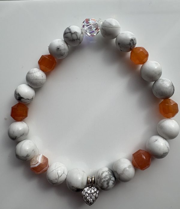 Howlite & Faceted Carnelian Stretch Bracelet — Sterling Silver Heart with Zircon
