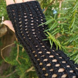 Black Metallic Handmade Ajour Net Knit Fingerless Gloves