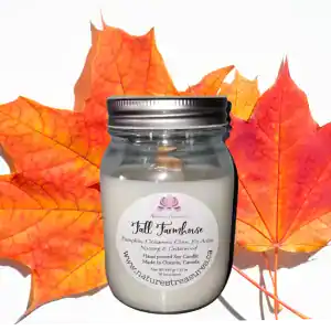 Fall Farmhouse Soy Wax Candle - Mason Jar 80+ Hours Burn Time - Wooden Wick