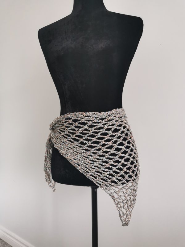 Crochet Shimmer Triangle Shawl – Handmade sparkly Festival Wrap, Boho Shawl, Belt Accessory