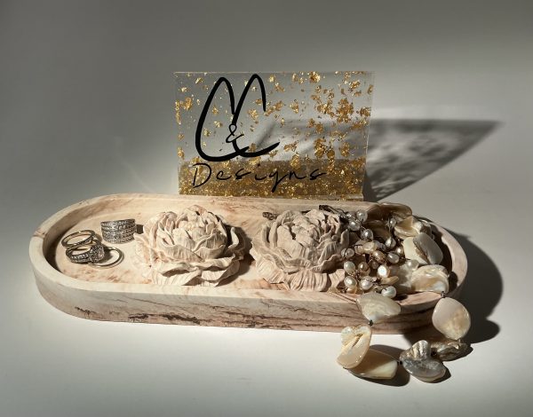 Large Brown and Taupe Marbled Trinket Tray with 2 Peonies