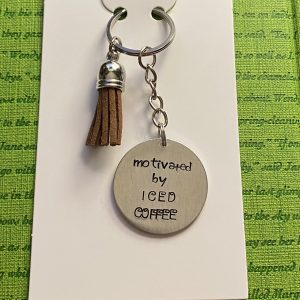 ‘motivated by iced coffee’ hand stamped keychain