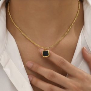 18k Gold Plated Black Pendant with Woven Necklace | Tarnish-Free Stainless Steel |