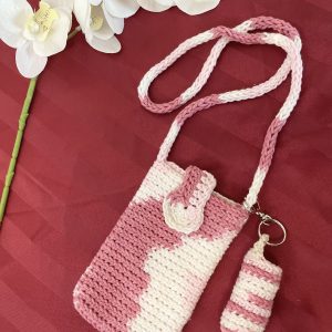 Pink crochet Phone bag with Lipstick Case