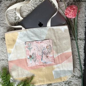 Abstract Art Cotton Tote Bag: Floral Inside and Front Pocket, Coin Purse