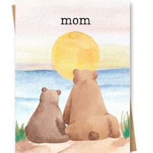 A Mother's day card portraying a watercolour mama and baby bear gazing at the sunset over water