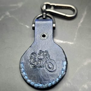 Navy Motorcycle stamped Apple AirTag Holder Handcrafted from Premium Quality Veg-Tanned Leather
