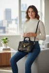 Structured Black Faux Leather Bag, Gold Floral Accent, Press Lock Hardware