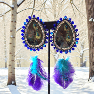 Peacock Feather Beaded Statement Earrings - Seed Bead Long Dangle Steel Posts Canadian Handmade