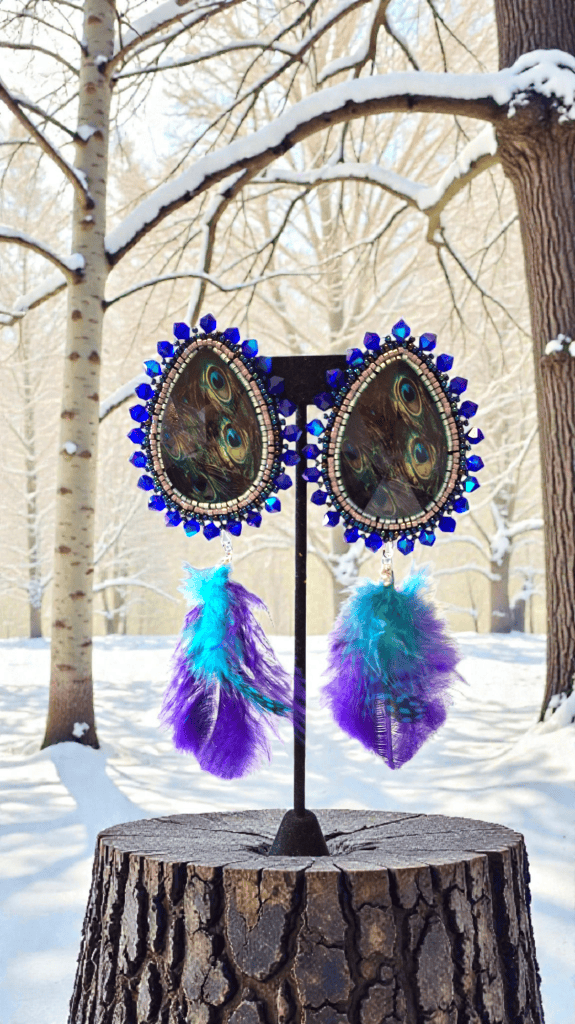 Peacock-feather-drop-beaded-earrings
