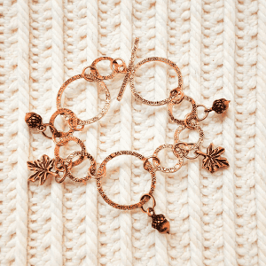 Handmade Copper Acorn Maple Leaf Bracelet - Autumn Nature Jewelry Hammered Texture Toggle Clasp