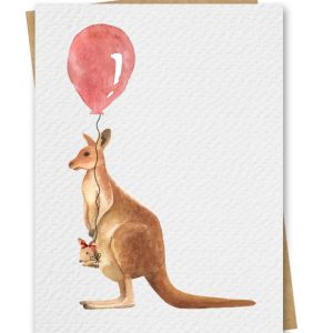 Watercolour Kangaroo and Joey With Red Balloon Birthday Card