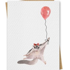 Watercolour Sugar Glider With Red Balloon Birthday Card