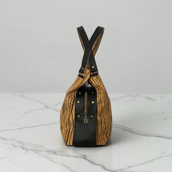 Slouchy Cork Bag with Black Faux Leather, Divided Compartment, Antique Brass Hardware