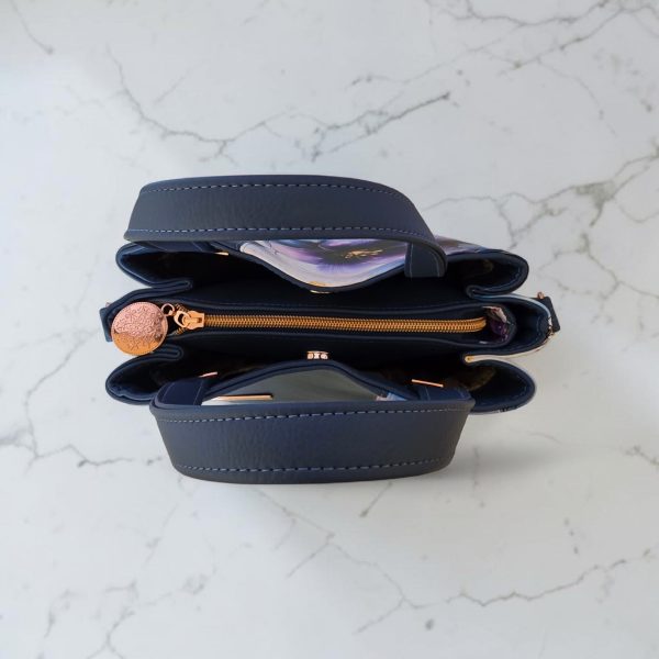 Blueberry Floral Faux Leather Handbag, Rose Gold Hardware, Zippered Compartment