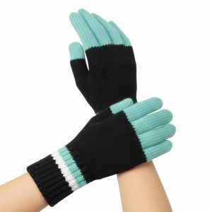 Black Turquoise White Handknit Full-Finger Gloves Mittens