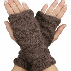 Truffle Brown Fingerless Cable Knit Gloves Mittens