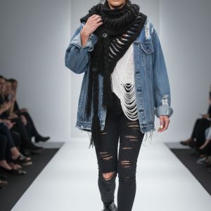 Handmade distressed braided knit scarf with fringes, black