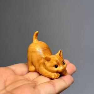 Handcrafted Wooden Lazy Cat Figurine • Carved Wood Cat Decor • Mini Animal Ornament