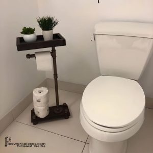Industrial Toilet Paper Holder Stand: Rustic Bathroom Organizer with Storage Tray