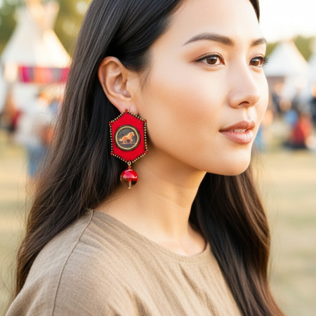 model wearing firehorse earrings