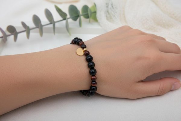 Red Tiger Eye & Black Onyx Bracelet with 14K Gold-Filled Disc