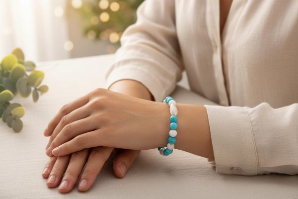 Blue & White Magnesite Bracelet with Shiva Eye Pearl