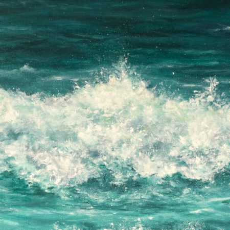 a close up of a print of a crashing atlantic wave with seafoam in emerald green waters