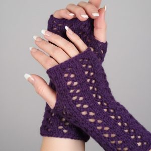 Purple Ajour Net Knit Fingerless Gloves Mittens Glovelets